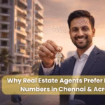 Confident Indian real estate agent in a navy suit smiling and holding house keys, standing in front of modern apartment buildings in Chennai at sunset, representing success in the property market.