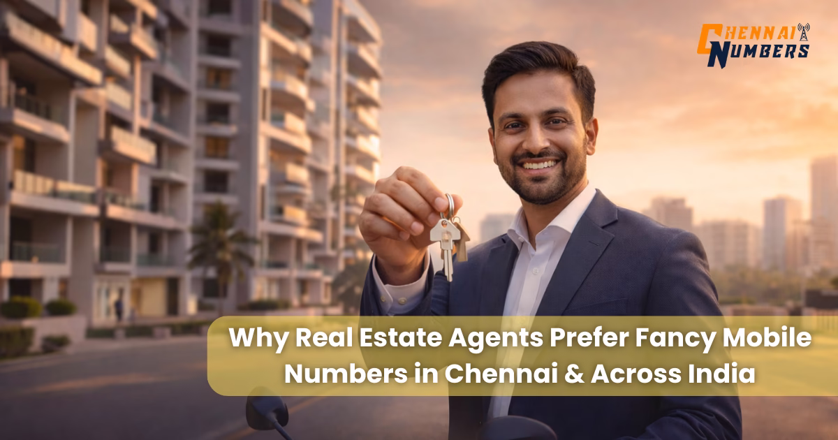 Confident Indian real estate agent in a navy suit smiling and holding house keys, standing in front of modern apartment buildings in Chennai at sunset, representing success in the property market.